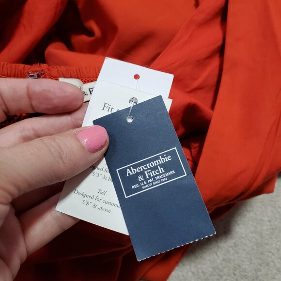 ABERCROMBIE & FITCH NWT Puff Sleeve Slim Poplin Midi Dress V-Neck Red Women's XS - Picture 9 of 16